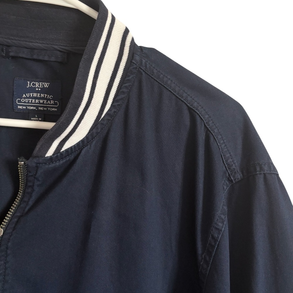 J.Crew Mens Navy Blue Cotton Varsity Bomber Jacket Striped Trim Size L Full Zip - Picture 5 of 7